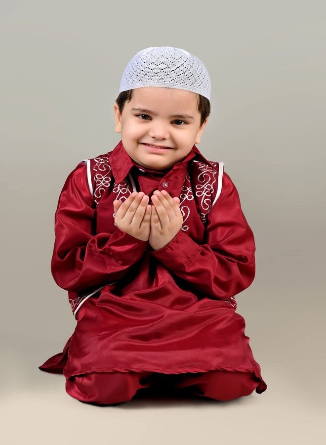 BookMyCostume Muslim Boy Red Pathani Suit with Cap Indian Fancy Dress Costume for Boys 2-3 years - Image 5